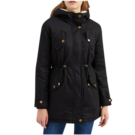 Patlollav Womens Winter Solid Hooded Drawstring Waist Zipper Padded Coat Blouse Fashion