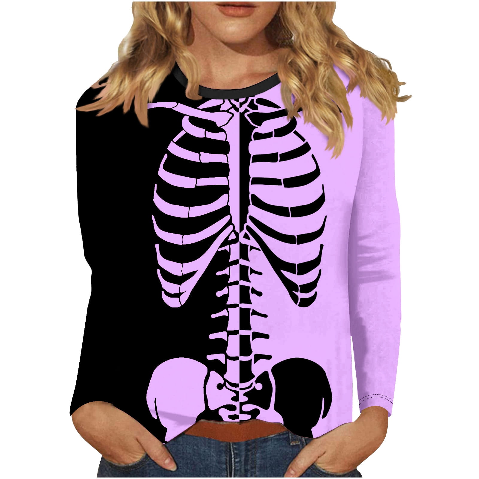 Patlollav Womens Winter Tees Casual Color Matching Skeleton Print Round