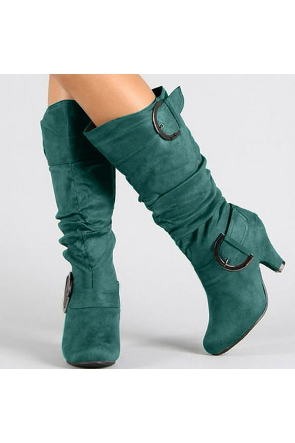 Womens Winter Warm High Heel Straight Leather Belt Buckle Suede Thick Heel Knight Boots