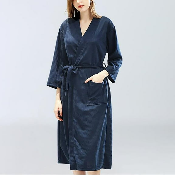 Otvok Womens Solid Bandage Robe Bathrobe Gown Pajamas Long Sleepwear Pocket Waistband+Belts