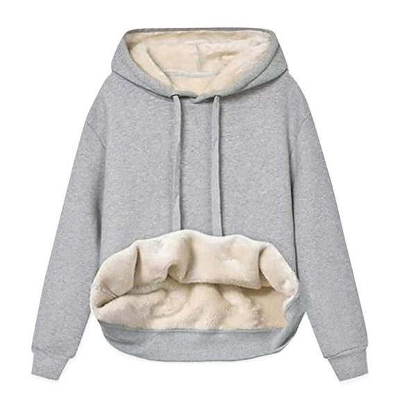 Patlollav Womens Winter Warm Plush Solid Pocket Long Sleeve Tops Hooded Sweatshirt
