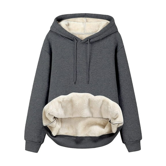Patlollav Womens Winter Warm Plush Solid Pocket Long Sleeve Tops Hooded Sweatshirt
