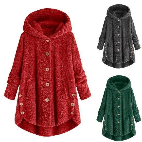 Patlollav Womens Wool Coat Plus Size Button Plush Tops Hooded Loose Cardigan Winter Jacket