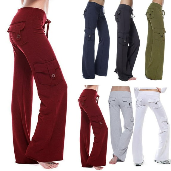 Patlollav Workout Out Leggings for Women Stretch Waist Button Pocket Yoga Gym Loose Pants Trousers