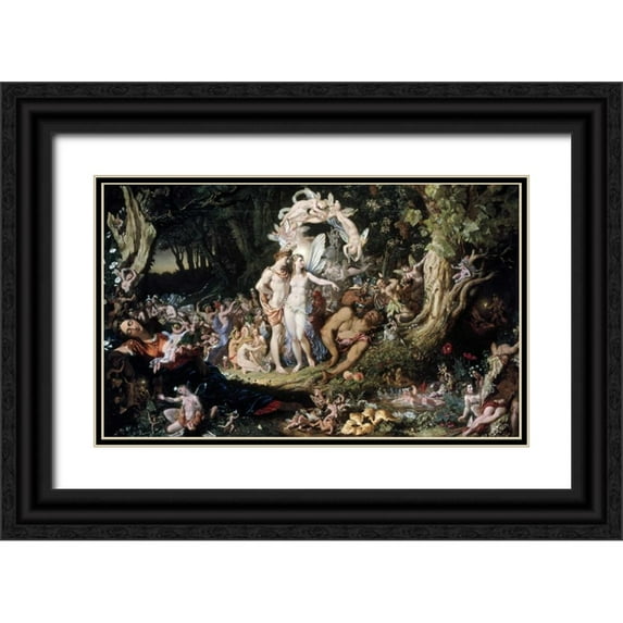 Paton, Joseph Noel 32x21 Black Ornate Wood Framed with Double Matting Museum Art Print Titled - Oberon and Titania: Midsummer Nights Dream