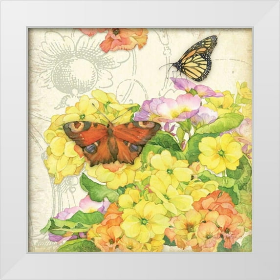 Paton, Julie 15x15 White Modern Wood Framed Museum Art Print Titled - Primrose and Butterflies