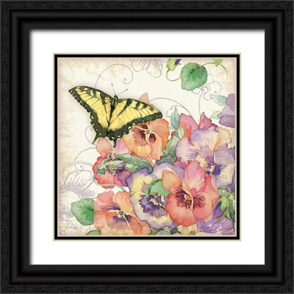 Paton, Julie 26x26 Black Ornate Wood Framed with Double Matting Museum Art Print Titled - Pansies and Butterflies