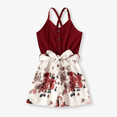 thumbnail image 1 of PatPat Girls Summer Clothes Toddler Rompers Floral Bowknot Belted Button Back Crisscross Cami Jumpsuits, Burgundy, 3-4 Years, 1 of 7