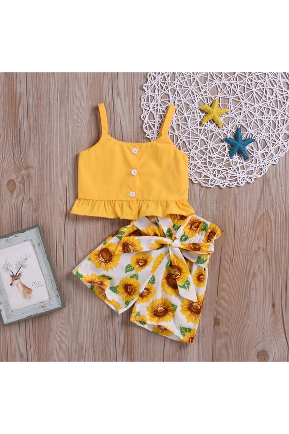 Baby Toddler Solid Strappy Top and Sunflower Print Shorts Sets