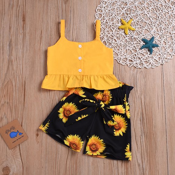 Patpat Baby Toddler Solid Strappy Top and Sunflower Print Shorts Sets