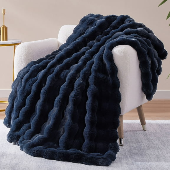PatPat Throw Blanket for Couch Bed Fleece Plush Fuzzy Faux Fur Home Room Decoration Gift Bubble Soft Blue Navy Throws Blankets 50" x 60"