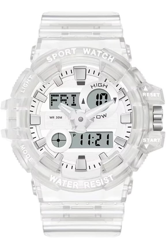 Men's Analog Digital LED Sports Watch, Multifunction Quartz Wristwatch, Water Resistant, Transparent White Strap, Military Style Casual Watch
