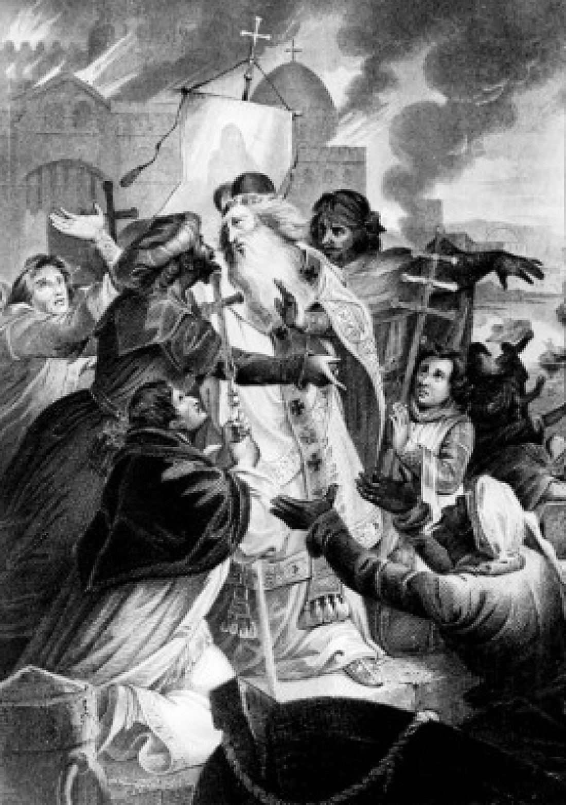 Patriarch Nicolaus of Jerusalem Saved from the Burning Acre Ending the Christian Kingdom May 18 1291 by unknown artist Canvas Art -  (18 x 24)