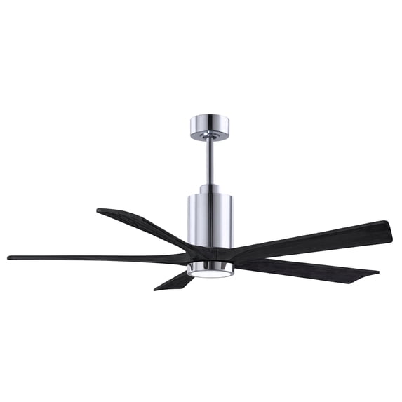 Patricia-5 five-blade ceiling fan in Polished Chrome finish with 60” solid matte black wood blades and dimmable LED light kit 