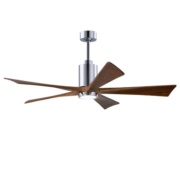 Patricia-5 five-blade ceiling fan in Polished Chrome finish with 60” solid walnut tone blades and dimmable LED light kit 