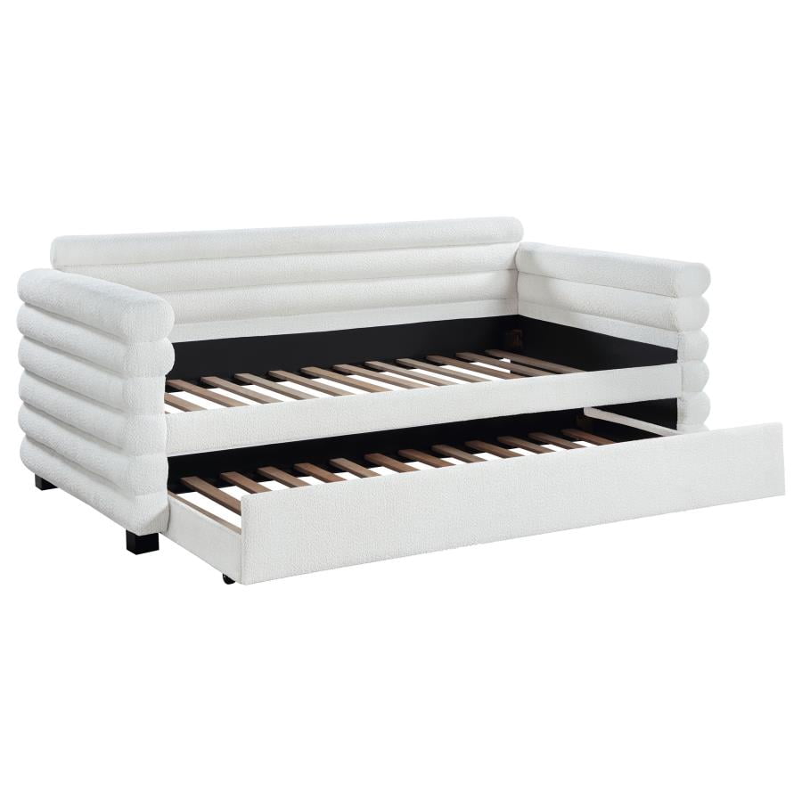 Patricia White Boucle Upholstered Twin Daybed with Pine Frame and Trundle