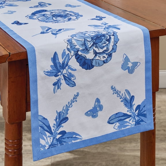 Patricia Heaton Home Blue Florals And Flitters Table Runner 14" X 72"