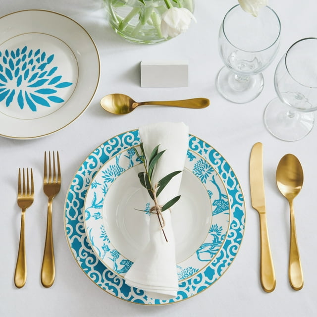 Patricia Heaton Home Southampton Collection 12 Piece Porcelain Dinnerware Set - Turquoise & White with Gold Trim