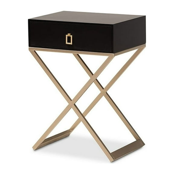 Patricia Modern and Contemporary Wood and Powder Coated Brass Effect Metal 1-Drawer Nightstand, Black, Brass, Gold