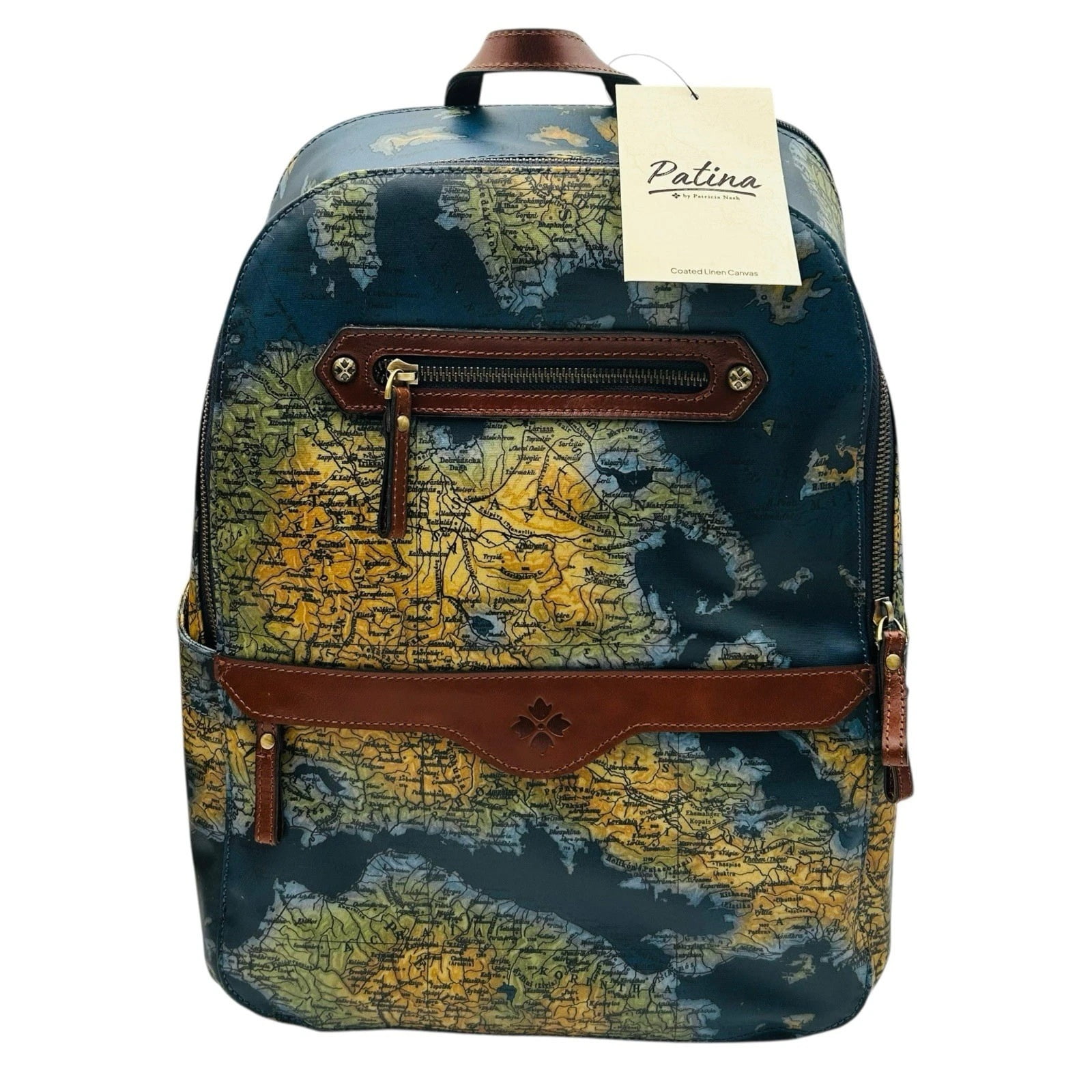PATRICIA NASH Karina Greek Map Travel Backpack 16.5Hx12Wx5.5D Coated Canvas