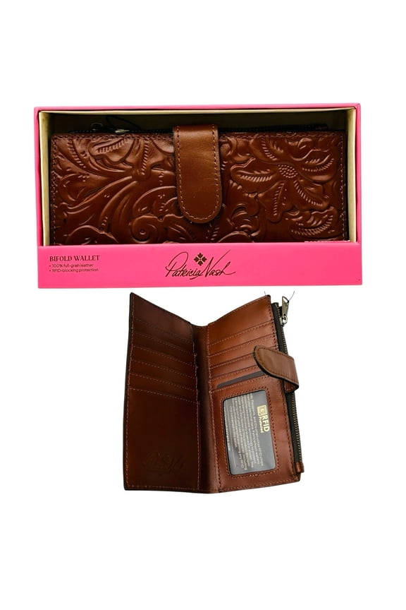 Nazari Tooled Leather Bifold Wallet Florence Tan Brown Print RFDID