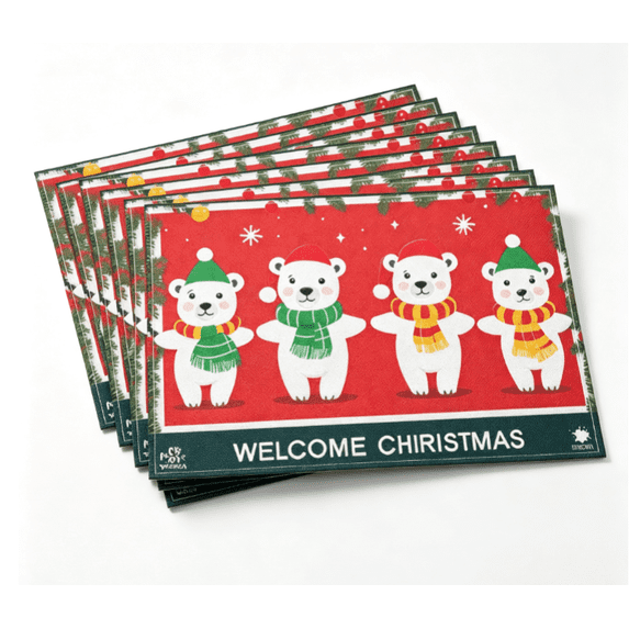 Heat-Resistant Christmas Decoration Placemats Polar Bear Cartoon Style Christmas Hat Doormats 6pcs/Pack 17.7"x13" Washable Fade-Resistant Christmas Decor for Home