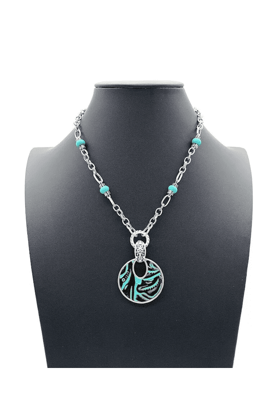 Silvertone Turquoise Leather Inlay Pendant. 18"