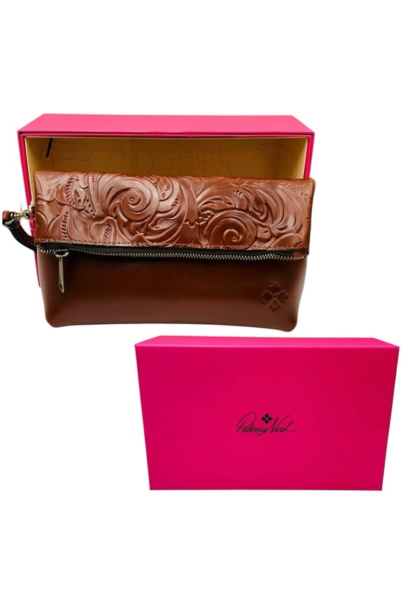 Women's Tooled Leather Valerie Fold Over Wristlet Brown Gift Box
