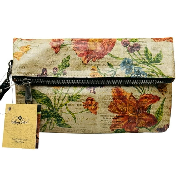 Patricia Nash Womens Leather Valerie Fold Over Wristlet Pouch Parisian Newspaper