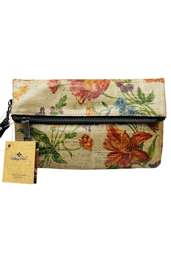 Womens Leather Valerie Fold Over Wristlet Pouch Parisian Newspaper