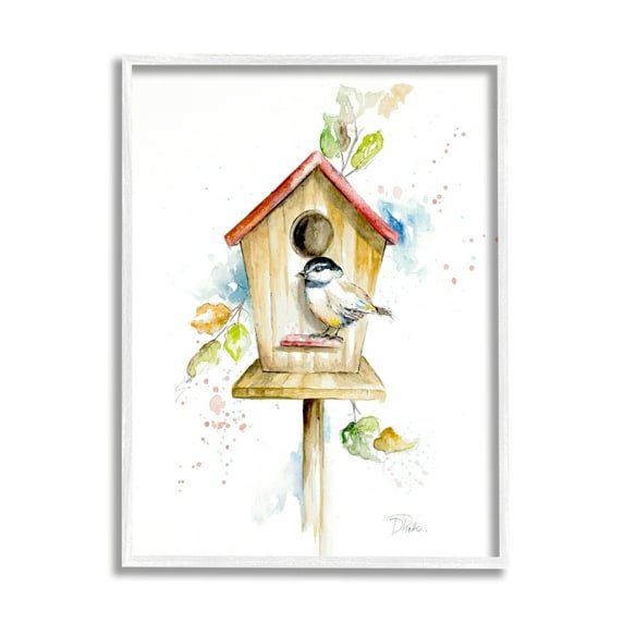 Patricia Pinto Spring Garden Bird House Backyard Robin Illustration 24" x 30" Framed Painting Art Print, by Stupell Home Décor