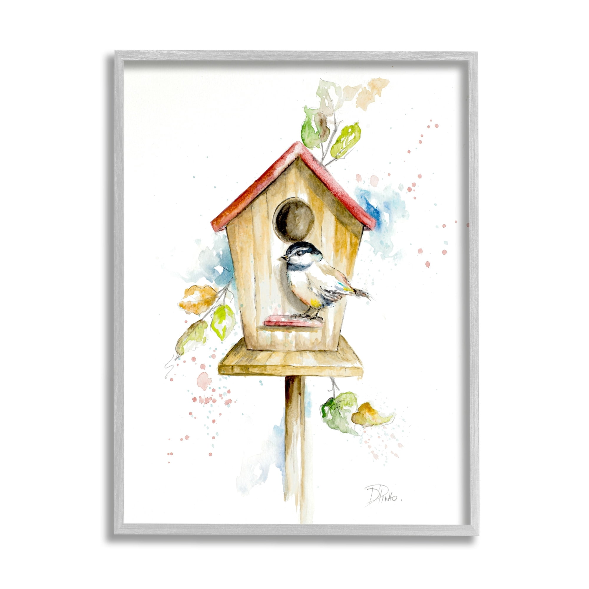 Patricia Pinto Spring Garden Bird House Backyard Robin Illustration 24" x 30" Framed Painting Art Print, by Stupell Home Décor
