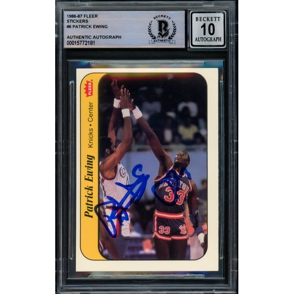 Patrick Ewing Autographed 1986-87 Fleer Sticker Rookie Card #6 New York Knicks Auto Grade Gem Mint 10 Beckett BAS #15772181