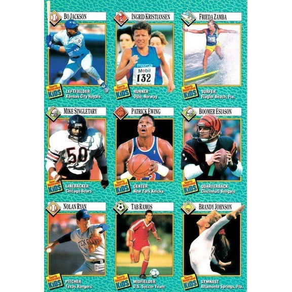 Patrick Ewing Bo Jackson Nolan Ryan Mike Singletary 1989 SI for Kids card sheet