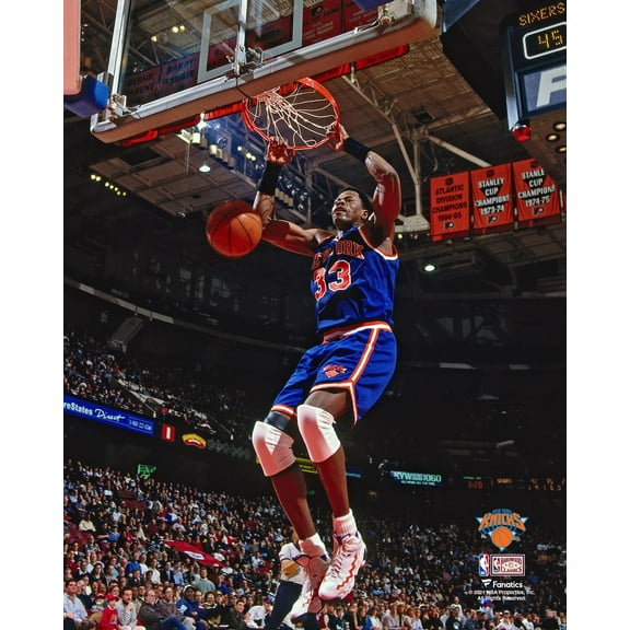 Patrick Ewing New York Knicks Unsigned Blue Jersey Two Handed Slam Dunk vs. Philadelphia 76ers Photograph