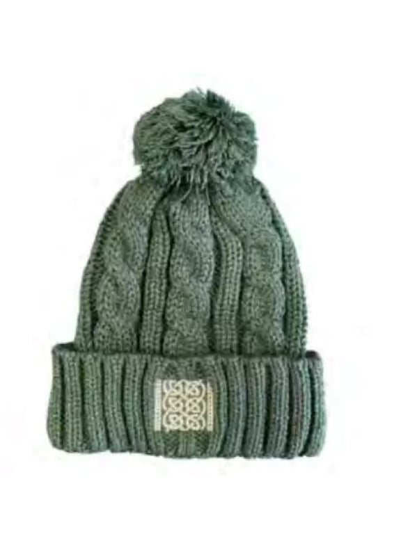 Irish Green Cable Knit Bobble Hat Celtic Head Accessories for Women Cold Weather, 100% Acrylic