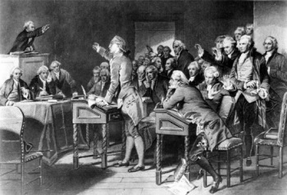 Patrick Henry delivering speech before The Virginia Assembly known by words of Give me Liberty or give me Death Canvas Art - (24 x 36)