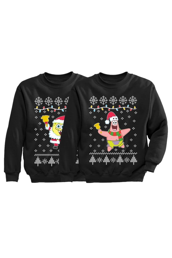 Patrick & Sponge Ugly Christmas Sweater Style Sweatshirt Funny Set For Siblings Spongebob Black Large / Patrick Black X-Large