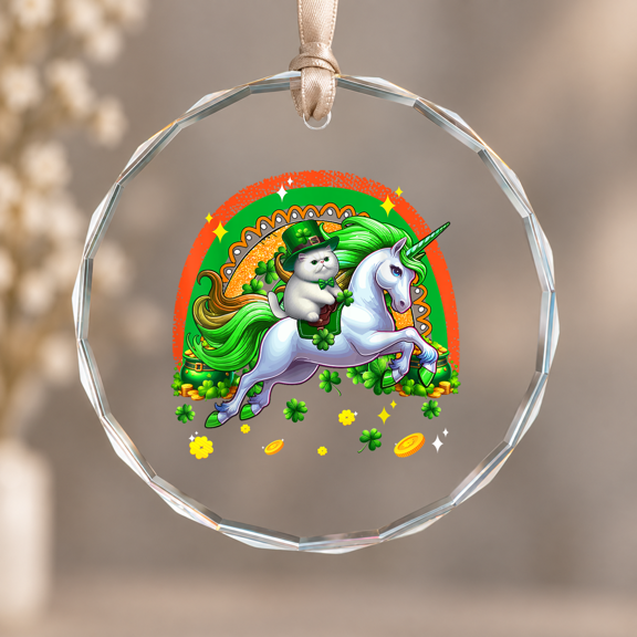 Patrick's Day Cat Riding Unicorn Shamrocks Rainbow Christmas Ornament, Pet Lover Holiday Gift, Circle Glass Ornament