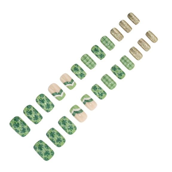 Patrick's Day French Tip False Nails Green Shamrock Manicure Set Glitters Full Covers on Nails
