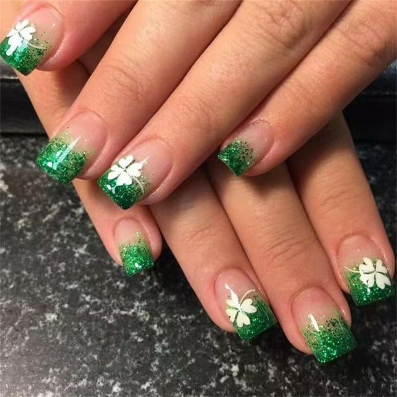 Patrick's Day Press on Nail Short Square False Nail French Tip Green Shamrock Designs Glossy Artificial Acrylic Nail