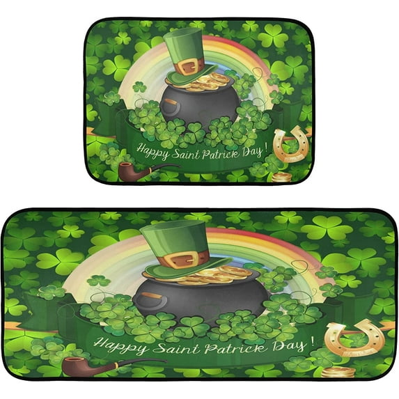 Patrick''s Day Shamrock Clovers Kitchen Mats Leprechaun Hat Gold Coin Rainbow Kitchen Rugs Runner Laundry Rug Non Slip Floor Door Mats Soft Doormats Carpet Home Decor Set of 2