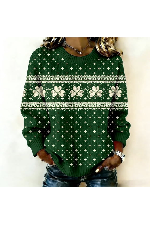 Patrick's Day Shamrock Print Women's Top Ribbed Long Sleeve Pullover Loose Fit Fall Basic Tunic Tops Spring