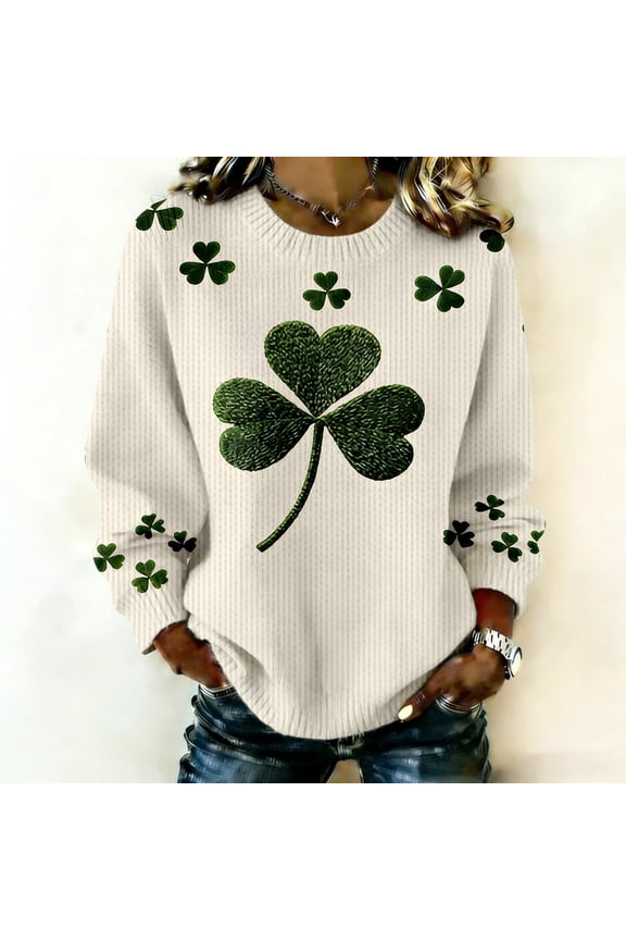 Patrick's Day Shamrock Print Women's Top Ribbed Long Sleeve Regular Fit Spring Pullover Fashion Tunic Tops Fall