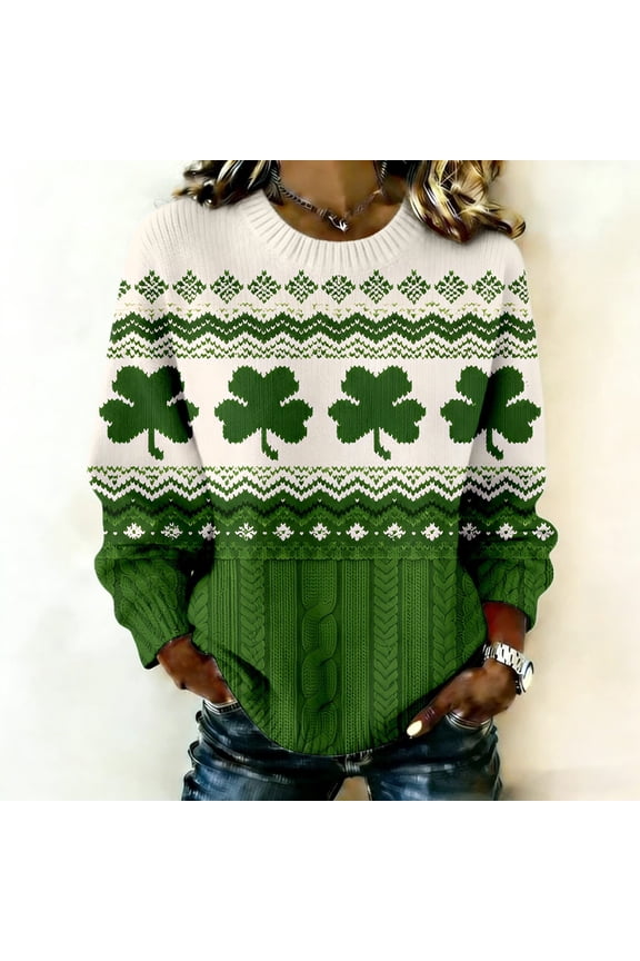 Patrick's Day Shamrock Print Women's Top Ribbed Long Sleeve Relax Fit Pullover Spring Casual Tunic Tops Fall