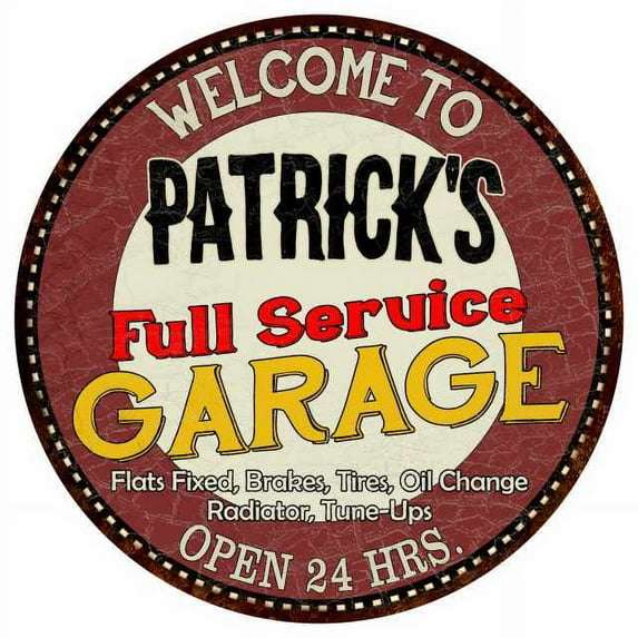 Patrick's Full Service Garage 14" Round Metal Sign Man Cave Decor 100140037426
