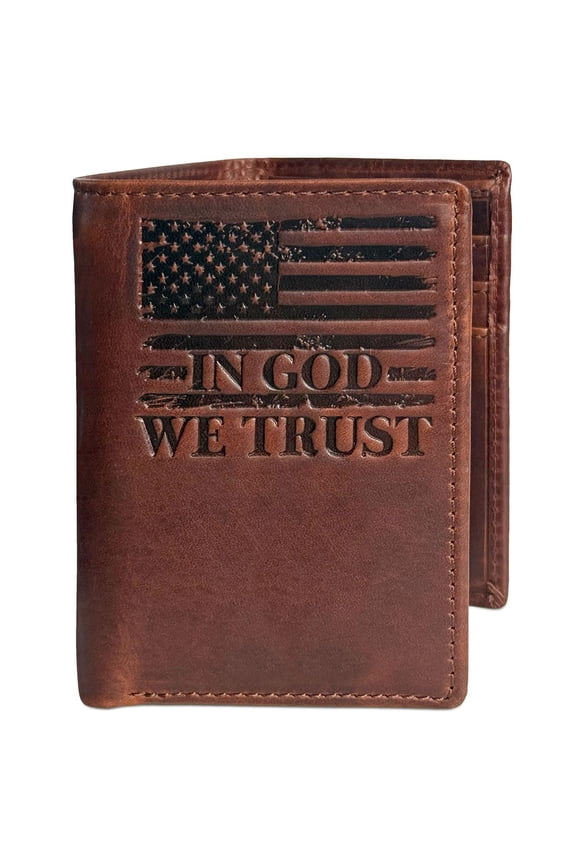 Patriot American Flag Trifold Wallet for Men - In We Trust Engraving, Full Grain Cowhide Leather, RFID Blocking Western Wallet - 16 Card Slots, 2 Bill Compartments with ID Holder, Vintage Brown Y101