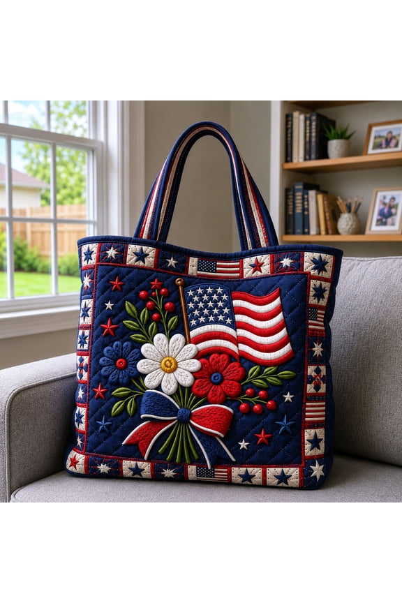 Patriot Bouquet Quilted Tote Bag,Flag Travel Tote Bag, 250 Years Freedom Shoulder Bag, 4th of July, Travel Bag