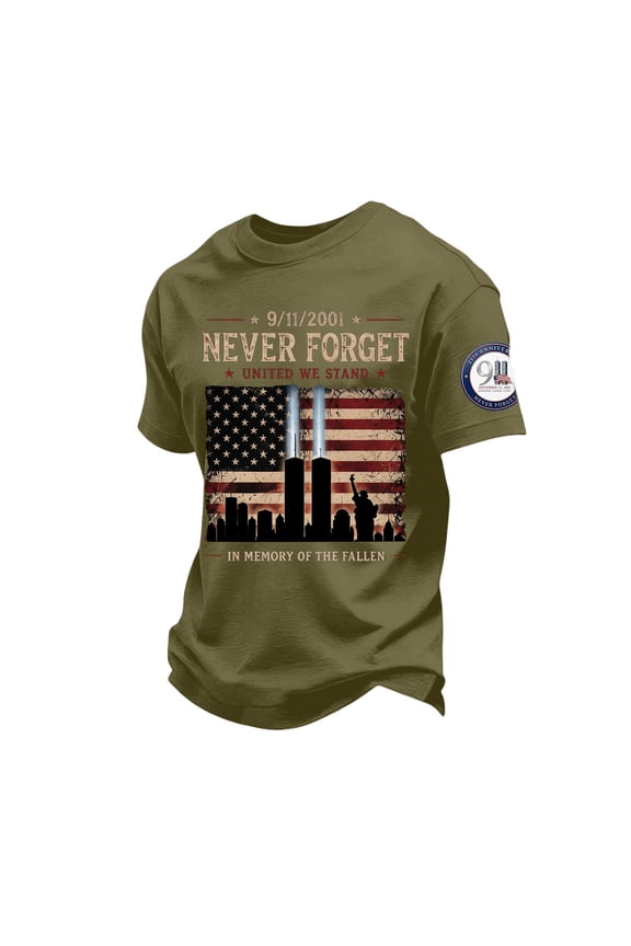 Patriot Day 9/11 Never Forget Men's T-Shirt - Vintage Text Graphic Crew Neck Pullover with Patriotic Theme for Remembrance Events Army Green M