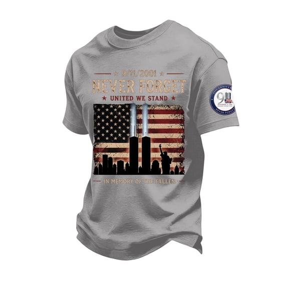 Patriot Day 9/11 Never Forget Men's T-Shirt - Vintage Text Graphic Crew Neck Pullover with Patriotic Theme for Remembrance Events Light Gray 2XL